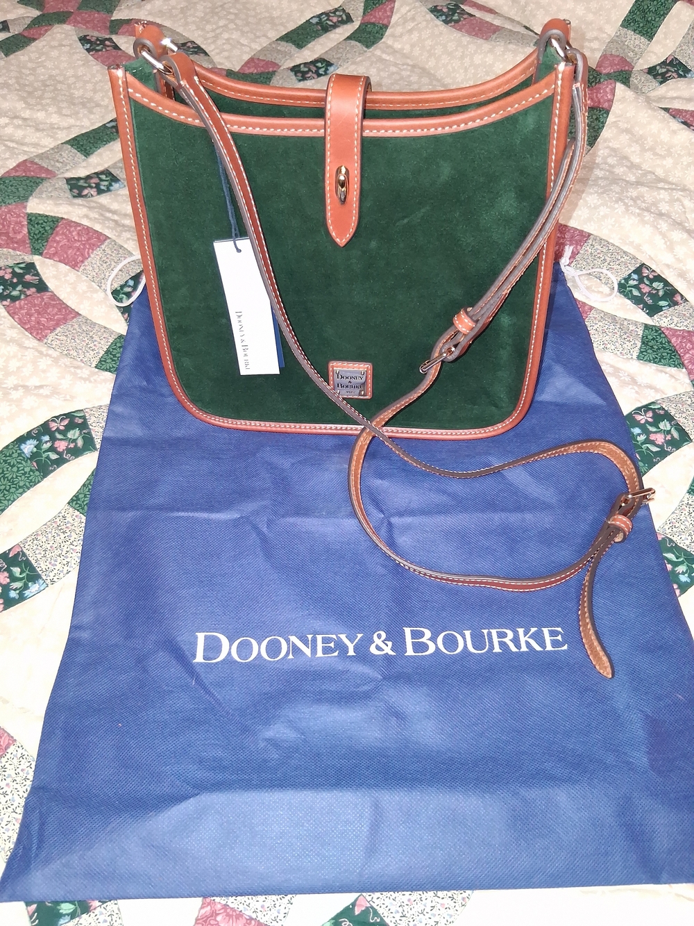 Dooney & Bourke Green Suede Crossbody Bag with Brown Leather Trim